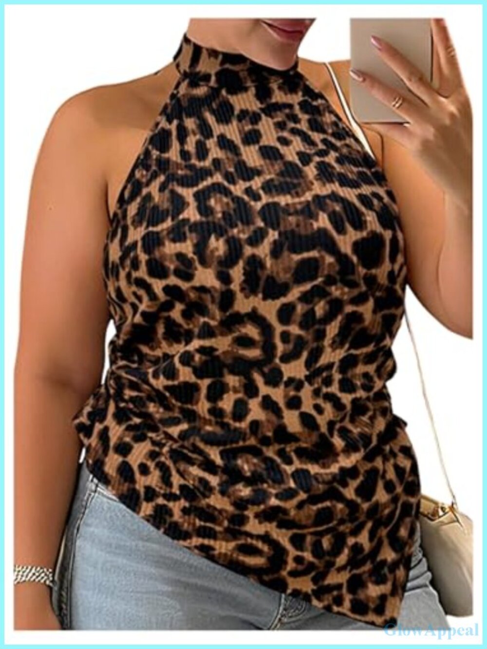 Plus Size Leopard Print Halter Tank Top Sleeveless Asymmetrical